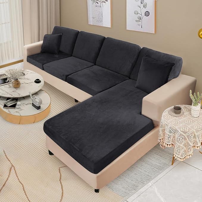 NAISI Sectional Couch Covers 8 Pieces Velvet Couch Cushion Covers L Shape Soft Stretch Sofa Slipcovers with 2pcs Pillowcases for Left/Right Chaise Sectional Couch(3 Seater+1 Chaise+4 Back,Black)