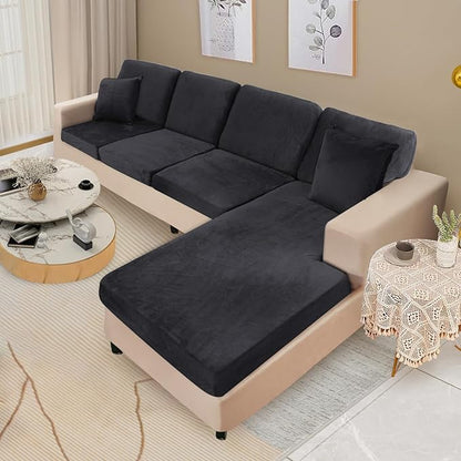NAISI Sectional Couch Covers 8 Pieces Velvet Couch Cushion Covers L Shape Soft Stretch Sofa Slipcovers with 2pcs Pillowcases for Left/Right Chaise Sectional Couch(3 Seater+1 Chaise+4 Back,Black)