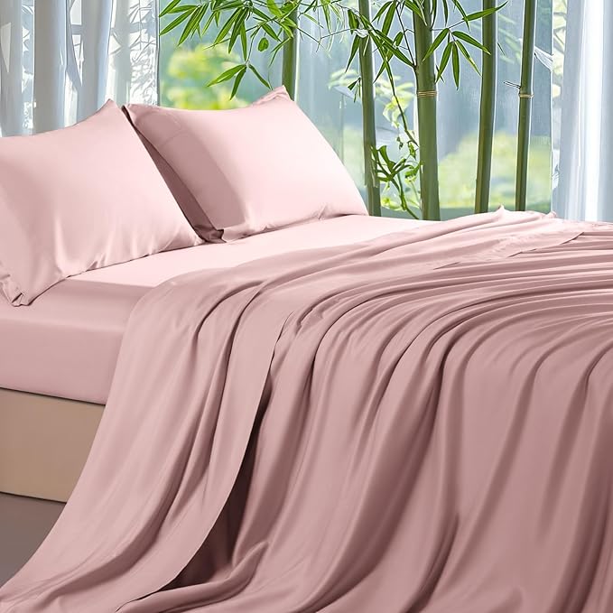 Shilucheng 100% Viscose Derived from Bamboo_ Sheets Queen Size 4pcs - Ultra Cooling & Silky Soft Bed Sheets, 16" Deep Pocket, Perfect for Hot Sleepers, Hotel Bedding Sheets (Light Pink)