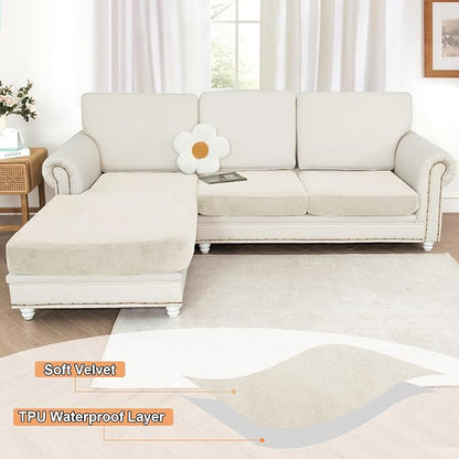 NAISI Waterproof Couch Cushion Covers Thick Velvet Fabric Washable Sofa Slipcovers Sectional Couch Covers for 3 Pieces Separate L Shape Couch Cover with Elastic Bottom(2 Seater + 1 Chaise,Ivory)