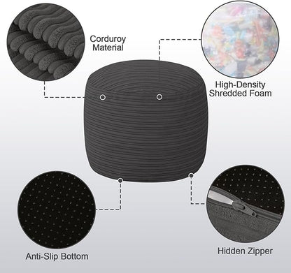 MeMoreCool Stuffed Round Pouf Ottoman Foot Rest, Soft Plush Floor Pouf Foot Stool, Corduray Footstool Footrest, Small Round Ottoman for Living Room Couch Sofa Chair, 20x15 Inch Grey