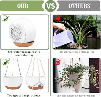 Hanging Planters for Outdoor Indoor Plants, 2 Pack 12 Inch Hanging Basket Plants Outdoor, Self Watering Hanging Planter with Plant Hanger for Garden Home Decoration (2 Type Plant Hangers White)