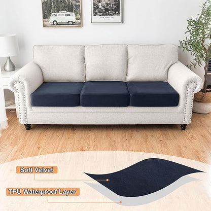 NAISI Waterproof Couch Cushion Covers Thick Velvet Fabric Washable Sofa Slipcovers 3 Pieces Individual Sectional Couch Covers with Elastic Bottom(3 Pcs for 3-Seat or Backrest,Navy)
