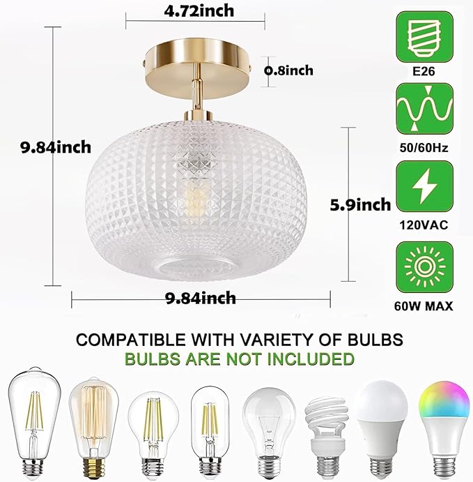 Semi Flush Mount Ceiling Light Fixture,Hallway Light Fixtures,Bathroom Light Fixtures,Gold Lighting Fixture,Globe Glass Light Fixture,Closet Light Fixture,Vintage Ceiling Lamp for Bedroom Kitchen