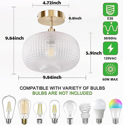 Semi Flush Mount Ceiling Light Fixture,Hallway Light Fixtures,Bathroom Light Fixtures,Gold Lighting Fixture,Globe Glass Light Fixture,Closet Light Fixture,Vintage Ceiling Lamp for Bedroom Kitchen