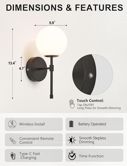 Battery Operated Globe Wall Sconces Set of 2, Black Wireless Wall Lights with Remote Control, Rechargeable 3 Color Stepless Dimming Modern Wall Decor Lamp for Bedroom Living Room Hallway