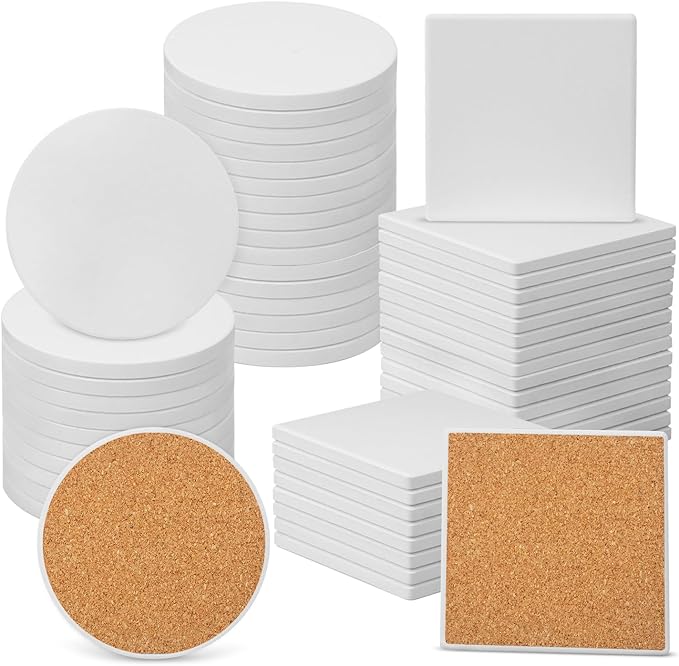 GNIEMCKIN 50 Pieces 4 Inch Round and Square Blank Ceramic Coasters, Unglazed Ceramic Tiles Coasters with Cork Backing Pads for Painting, DIY Crafts, White.