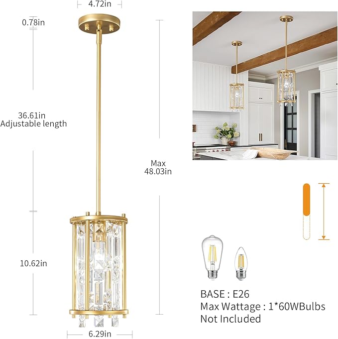 LMQNINE Modern Gold Pendant Lights Kitchen Island, Crystal Chandelier Lights Fixture, Elegant Adjustable Pendant Lighting for Dining Room Bedroom (Round 1-Light)