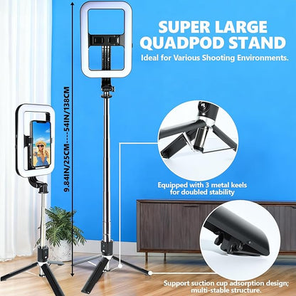 Foldable Selfie Light with Stand,54" Extendable Phone Holder Selfie Stick with Dimmable LED Lights and Remote,Ring Light Tripod for Video Recording/Live Stream/Makeup/Photography/YouTube/TikTok