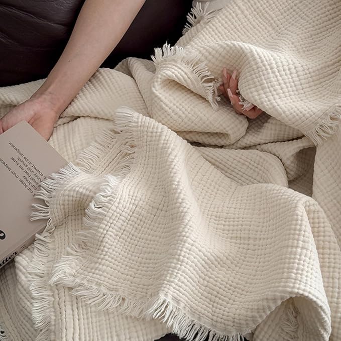 MorroMorn 100% Cotton Muslin Throw Blanket with Fringes 50"x60", 4-Layer Cotton Gauze Blankets for Adults, Boho Bedding Breathable Lightweight Ultra-Soft for Couch Bed Sofa All Seasons, Linen Beige