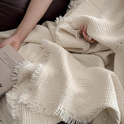 MorroMorn 100% Cotton Muslin Throw Blanket with Fringes 50"x60", 4-Layer Cotton Gauze Blankets for Adults, Boho Bedding Breathable Lightweight Ultra-Soft for Couch Bed Sofa All Seasons, Linen Beige
