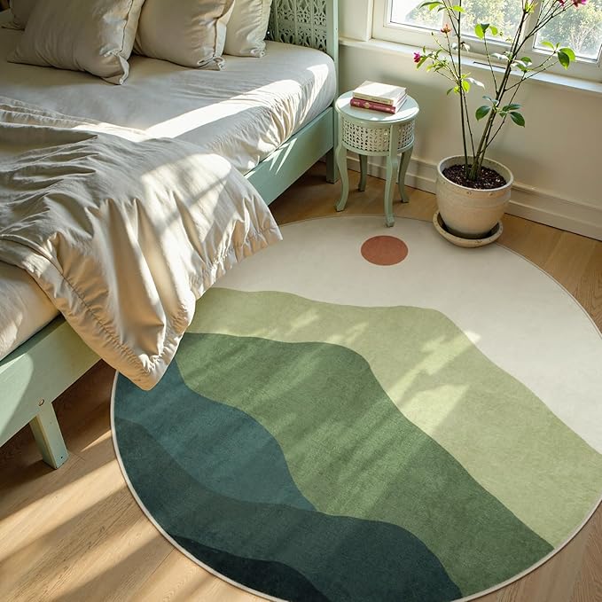 Sunrise Circle Area Rug 5ft, Large Round Rugs for Living Room Non-Slip Washable Bedroom Carpet, Mountain Modern Throw Mat for Dining Room Nursery Classroom(Green)