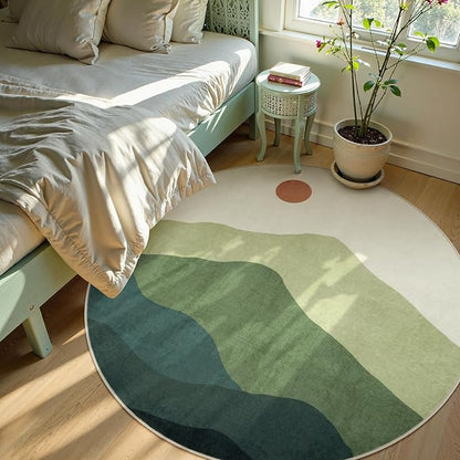 Sunrise Circle Area Rug 5ft, Large Round Rugs for Living Room Non-Slip Washable Bedroom Carpet, Mountain Modern Throw Mat for Dining Room Nursery Classroom(Green)