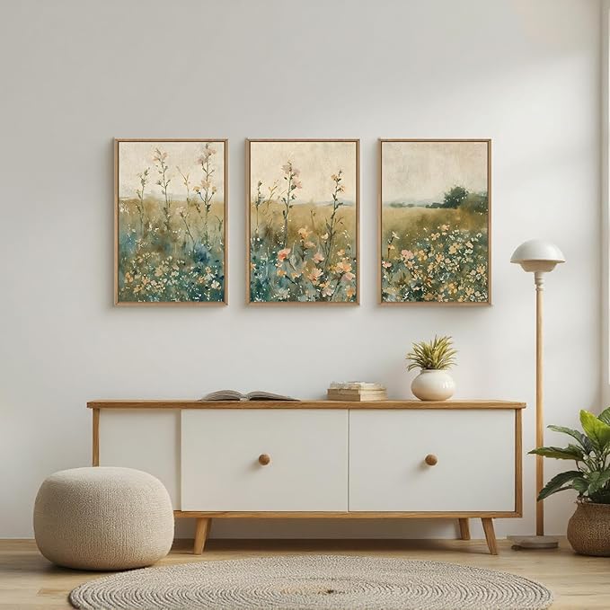 HLNIUC Vintage Watercolor Wildflower Landscape 3 Piece Wall Art Framed, Large Retro Floral Wall Decor(16x24), Nature Wilderness Farmhouse Rustic Field Canvas Painting for Living Room, Bedroom, Office