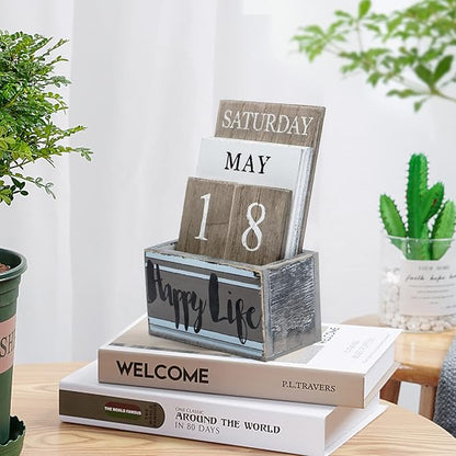 Notakia Perpetual Calendar Wooden Calendar Blocks Vintage Wood Block Calendar for Home Office Desk Accessories Week Month Date Display (Happy Life)