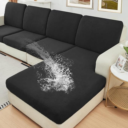 NAISI Waterproof Couch Cushion Covers Thick Velvet Fabric Washable Sofa Slipcovers Sectional Couch Covers for 4 Pieces Separate L Shape Couch Cover with Elastic Bottom(3 Seater + 1 Chaise,Black)