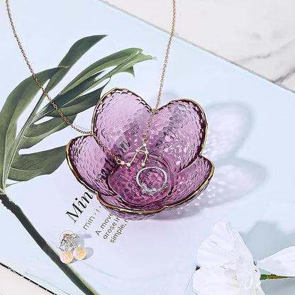 Koythin 2-Piece Glass Jewelry Tray, Small Trinket Holder for Necklace Bracelet Earring, Ring Holders for Bathroom, Aesthetic Trinket Dish, Flower Nightstand Decor for Girl Mom (Purple)