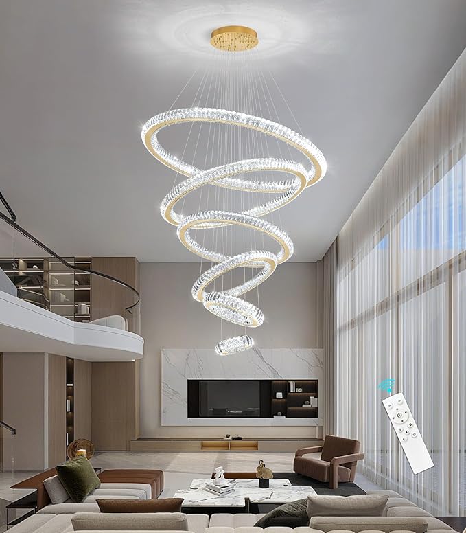 Modern Chandelier 8"+16"+24"+32"+40"+47" 6 Rings Crystal LED Dimmable Lighting Foyer Entryway High Ceiling Living Room Chanderliers Pendant Lights Fixtures Gold Light
