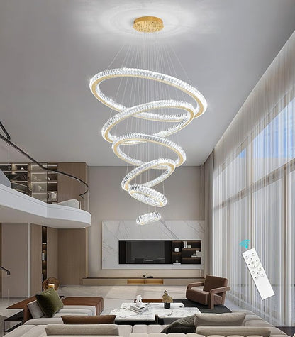Modern Chandelier 8"+16"+24"+32"+40"+47" 6 Rings Crystal LED Dimmable Lighting Foyer Entryway High Ceiling Living Room Chanderliers Pendant Lights Fixtures Gold Light