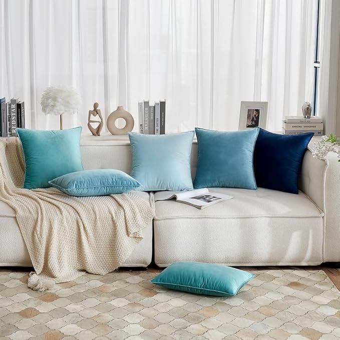 MIULEE Blue Grey Decorative Velvet Throw Pillow Covers Soft Pillow Covers Soild Square Cushion Case for Sofa Bedroom 18x18 Inch 45x45 cm