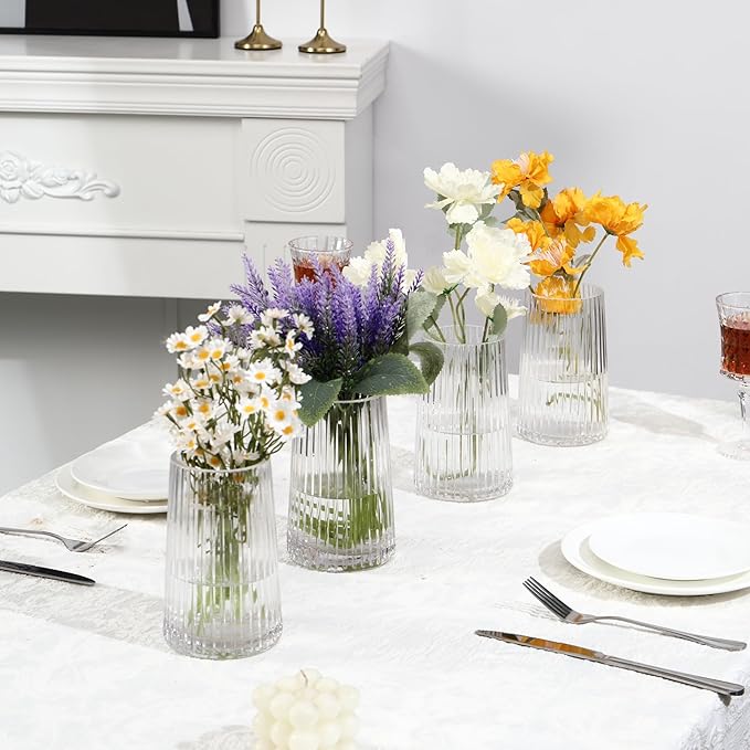 Clear Glass Vases Set of 4, Small Vases for Flowers, Flower Vase for Bouquet, Modern Ribbed Glass Vase for Living Room, Bedroom, Dining Table, Office, Wedding, Centerpieces