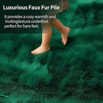 Green Samll Faux Fur Sheepskin Area Rug for Living Room Bedroom, 2 x 3 Feet Ultra Soft Shaggy Fuzzy Furry Carpet Chair Throw Rugs for Kids, Girls, Nursery Room Decor Dorms