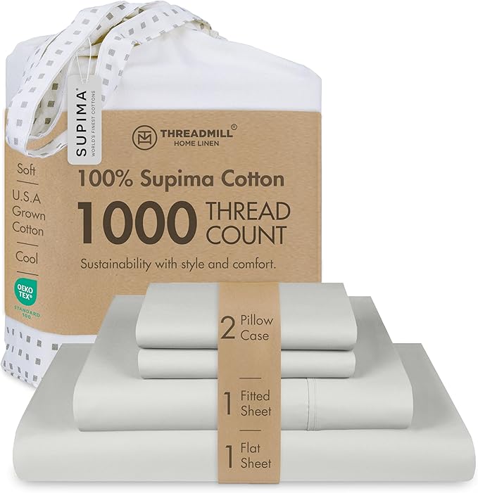 Threadmill Luxury Supima Cotton Sheets, Luxury 1000 Thread Count Soft 100% Cotton Sheets for Full Size Bed, 4 Pc Light Grey Bed Sheets Full Set, 5-Star Hotel Quality Deep Pocket Bed Sheets Set