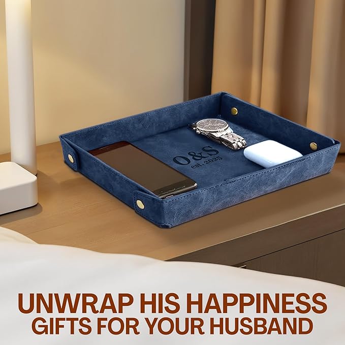Engraved PU Leather Valet Tray for Couples – Personalized Catchall with Custom Name – Organizer for Keys, Wallet, Jewelry – Romantic Gift – Blue