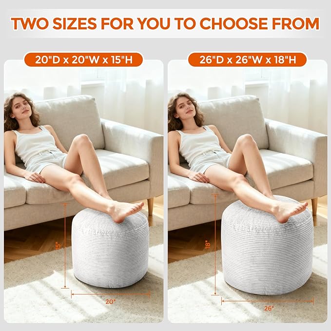 Pouf Ottoman Foot Rest, Comfortable & Soft, Round Footstool Ottoman for Living Room, Bedroom, Office, Room Decoration, Corduroy Foot Stool Pouf with Odorless & Anti-Clump Filling, Large Grey