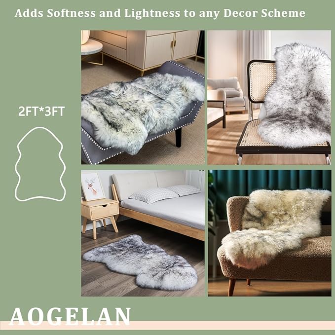 Fluffy Real Sheepskin Rug, Shaggy Fur Premium Soft Bedroom/Living Room Area Rug for Soft Fur Pray Pup Carpet Cushion, Chair Sofa Seat Cover(Wolf Tipped, Single Pelt/2FT*3FT)