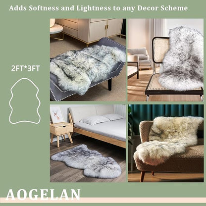 Fluffy Real Sheepskin Rug, Shaggy Fur Premium Soft Bedroom/Living Room Area Rug for Soft Fur Pray Pup Carpet Cushion, Chair Sofa Seat Cover(Wolf Tipped, Single Pelt/2FT*3FT)