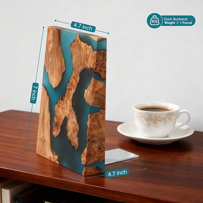 Glow in The Dark Bookends, Wood Bookends for Shelves,Blue Luminous Book Ends with Burl Wood and Resin,Decorative Book Stopper Binder and Dividers, Blue, Large,Unique Desk Decor for Home Office Library