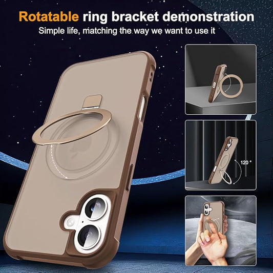 Compatible with iPhone 16 Plus Case with Invisible Magnetic O-Ring Stand Military-Grade Translucent Case for iPhone 16 Plus 6.7" [Compatible with Mag-Safe][Great Grip Feeling],Desert Brown