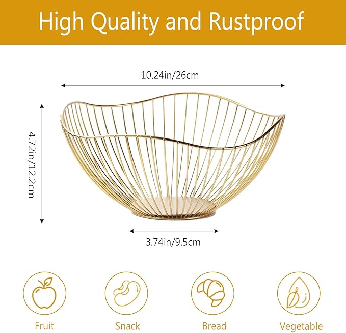 2-Pack Kitchen Countertop Fruit Baskets – Sturdy Metal Wire Rack, Multi-Purpose Tabletop Storage Tray for Fruits, Vegetables, Bread, and Household Items (Gold)