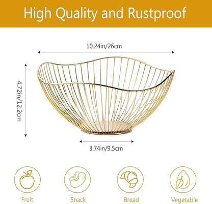 2-Pack Kitchen Countertop Fruit Baskets – Sturdy Metal Wire Rack, Multi-Purpose Tabletop Storage Tray for Fruits, Vegetables, Bread, and Household Items (Gold)
