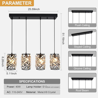 Pendant Lights for Kitchen Island, 25.59 Inch Modern Farmhouse Pendant Lighting Fixtures with K9 Crystals, 36W Dining Room Light for Above Table, Bar, Entryway (Bulbs Not Included)