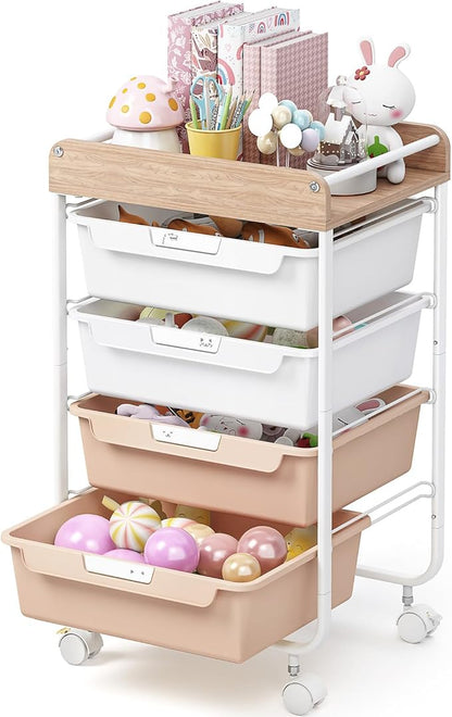 Rolling Storage Utility Cart With 4 Drawers,Kids Craft Art Cart,Makeup Organizer And Storage with Wooden Tabletop,Pearl