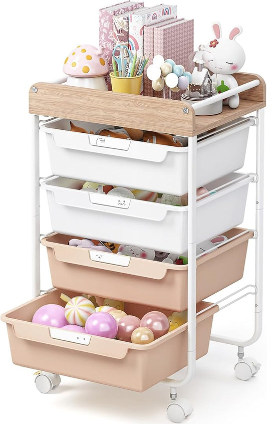 Rolling Storage Utility Cart With 4 Drawers,Kids Craft Art Cart,Makeup Organizer And Storage with Wooden Tabletop,Pearl