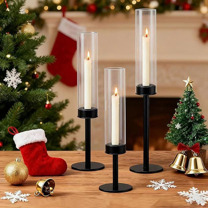Black Taper Candle Holder Set with Glass Hurricane – Modern Candlestick Holders for Dining Room, Premium Gift Set for Wedding, Fall Centerpieces for Tables, Warmly Gift for Home Decor, Christmas Decor