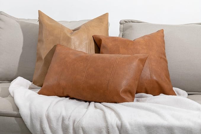 Faux Leather Throw Pillow Cover 12X24 Set of 2 Inch Brown Outdoor Modern Farmhouse Solid Decorative Pillow Covers for Room Couch Living Bedroom Bed Sofa