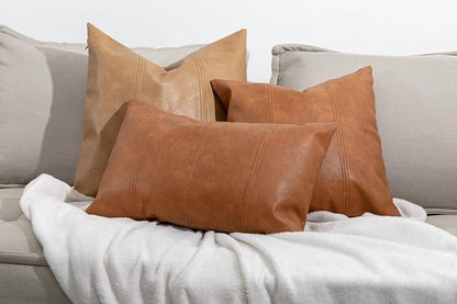 Faux Leather Throw Pillow Cover 12X24 Set of 2 Inch Brown Outdoor Modern Farmhouse Solid Decorative Pillow Covers for Room Couch Living Bedroom Bed Sofa