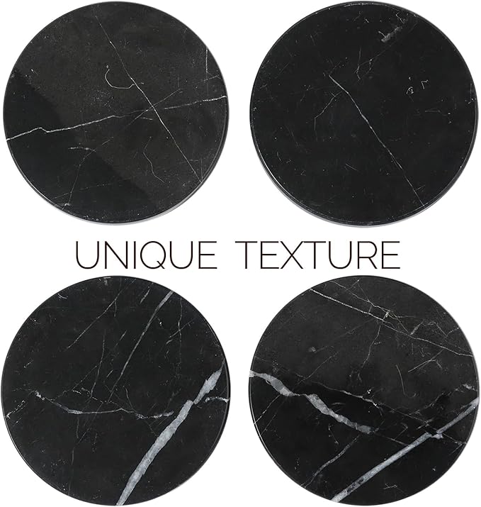 Koville Marble Coaster Set of 4, Round Coasters, 4" Stone Coaster for Drinks Coffee, White Marble Coasters for Coffee Table Home Bar Decor, Heat Resistant, Gift Choice(Black)