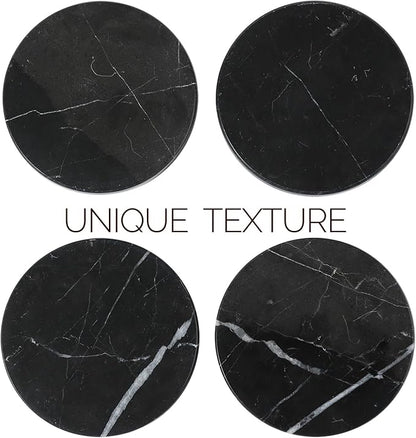 Koville Marble Coaster Set of 4, Round Coasters, 4" Stone Coaster for Drinks Coffee, White Marble Coasters for Coffee Table Home Bar Decor, Heat Resistant, Gift Choice(Black)