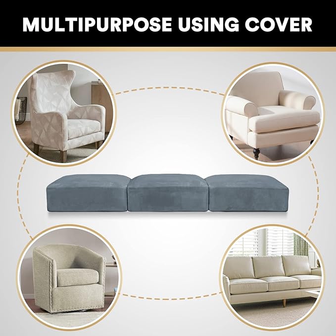 PrinceDeco Velvet Stretch Couch Cushion Covers, Sofa Slip Covers for 3 Seat Cushion Couch Chair Loveseat Sofa Cushion Furniture Protector Sofa Cover (Each Width Up to 29.5", Stone Blue)