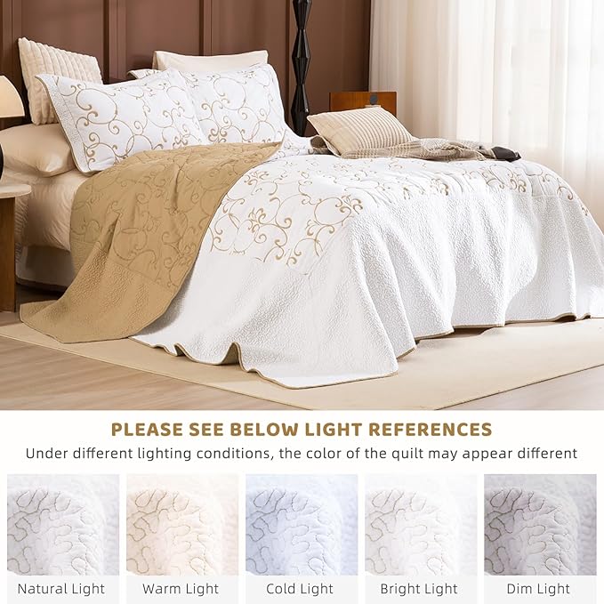 Sanracie Oversized King Quilt 128"x120",100% Cotton California King Bedspreads Extra Large Lightweight Embroidery Pattern Bedding Coverlet Set 3Pcs Gold and White Quilted Bedding Set All Season
