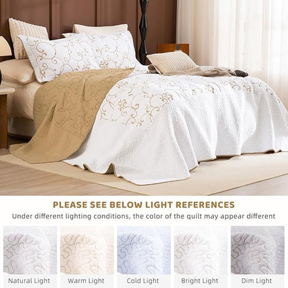 Sanracie Oversized King Quilt 128"x120",100% Cotton California King Bedspreads Extra Large Lightweight Embroidery Pattern Bedding Coverlet Set 3Pcs Gold and White Quilted Bedding Set All Season
