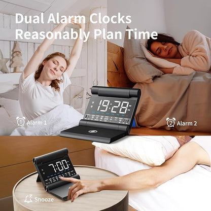 Alarm Clock with Wireless Charging for bedrooms, Heavy Sleepers, Travel, Teens, Digital Smart Desk Clock, Dual Alarms, 4 Level Brightness, Foldable Design,Build-in Battery