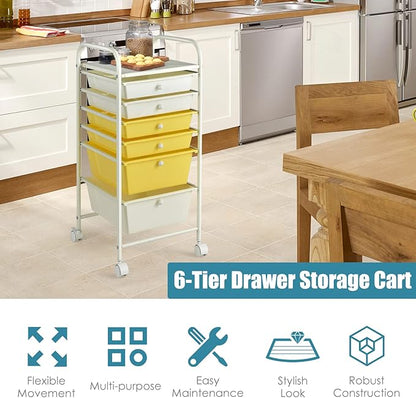 Giantex 6 Storage Drawer Cart Rolling Organizer Cart for Tools Scrapbook Paper Home Office School Multipurpose Mobile Utility Cart (Beige & Yellow)