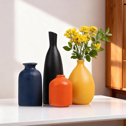 Ceramic Bud Vases Set of 4, Minimalism Style Vases for Rustic Home Decor, Black Yellow Orange Blue Vase, Multi-Color Ceramic Decorative Vases for Modern Home Decor, Floral Arrangements, Centerpieces