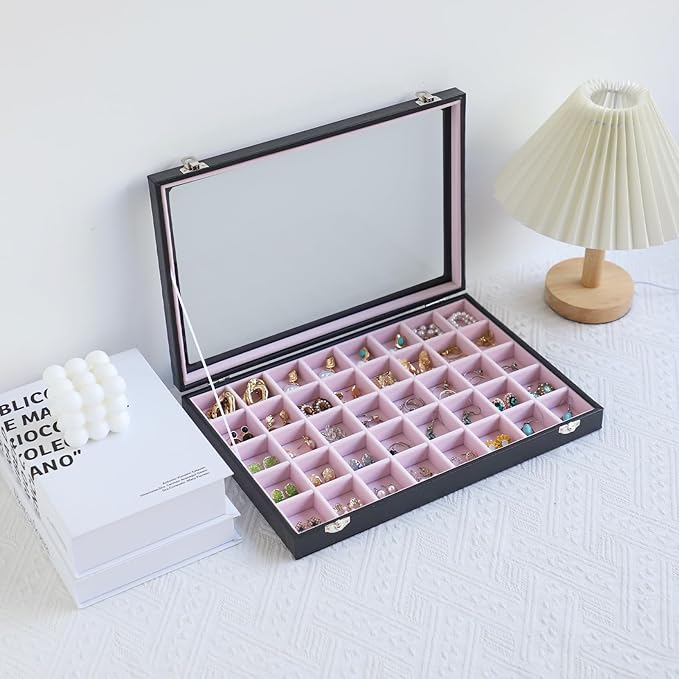 Stratalife Jewelry Organizer 40 Grid Pink Black Jewelry Tray with Clear Dust-proof Lid Velvet Earring Organizer Necklace Rings Holder Display Drawer Storage Case for Women